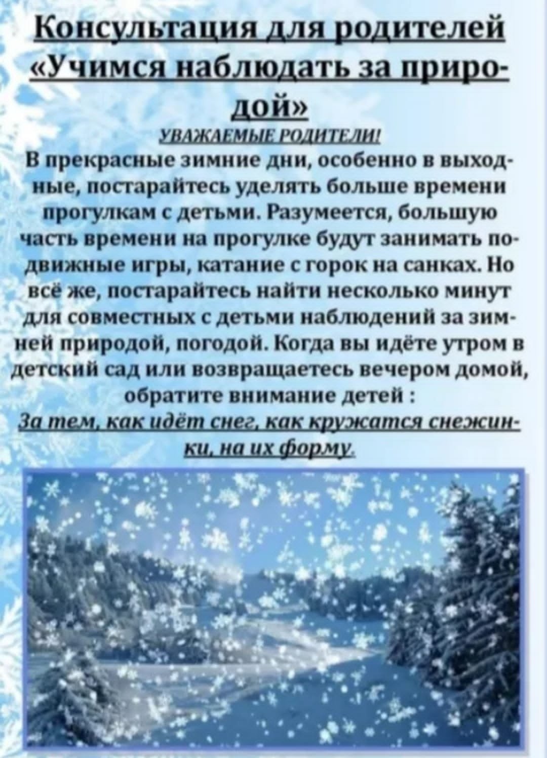 Консультация для родителей наблюдение в природе зимой
