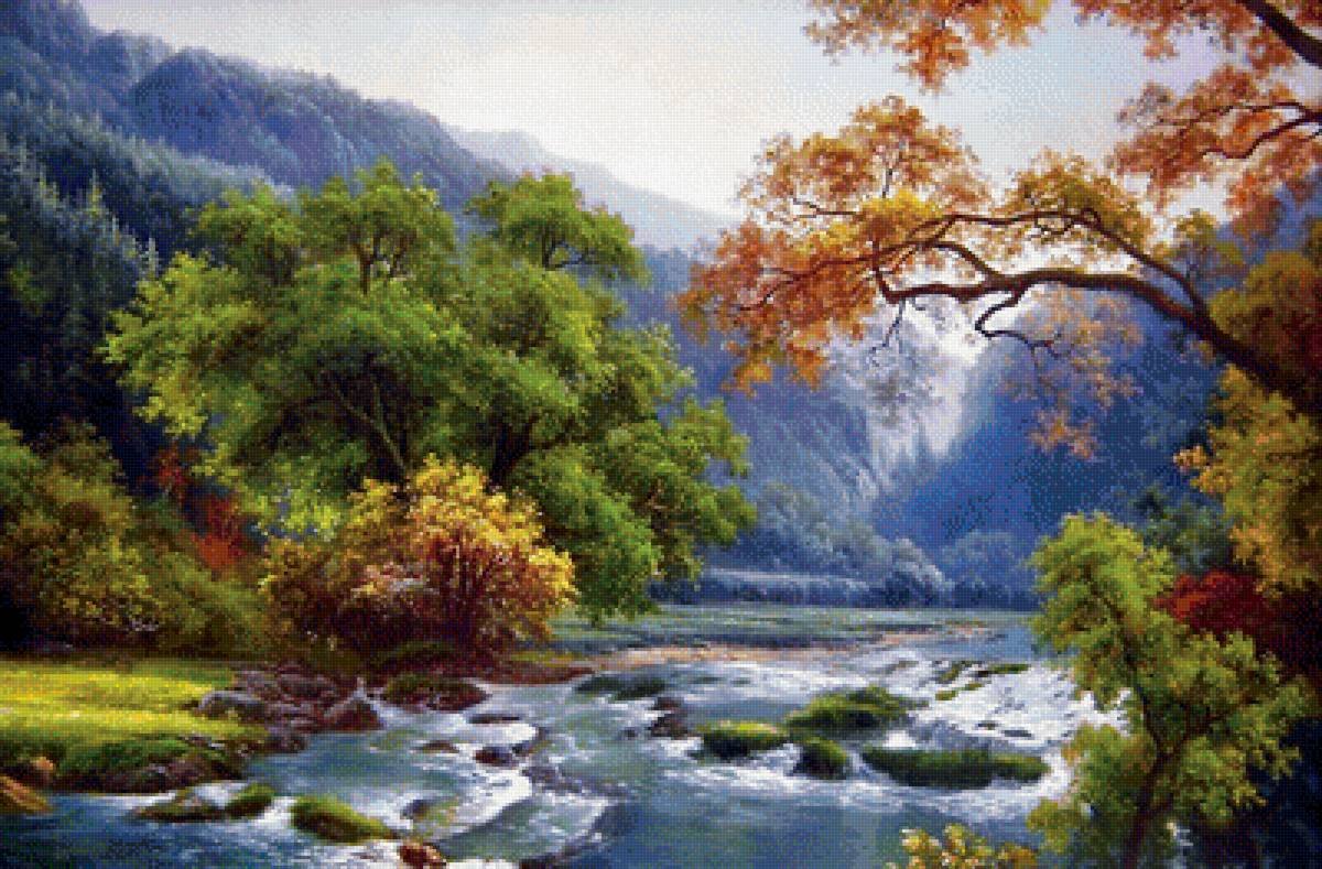 Алмазная мозаика диамонд Painting река домик горы
