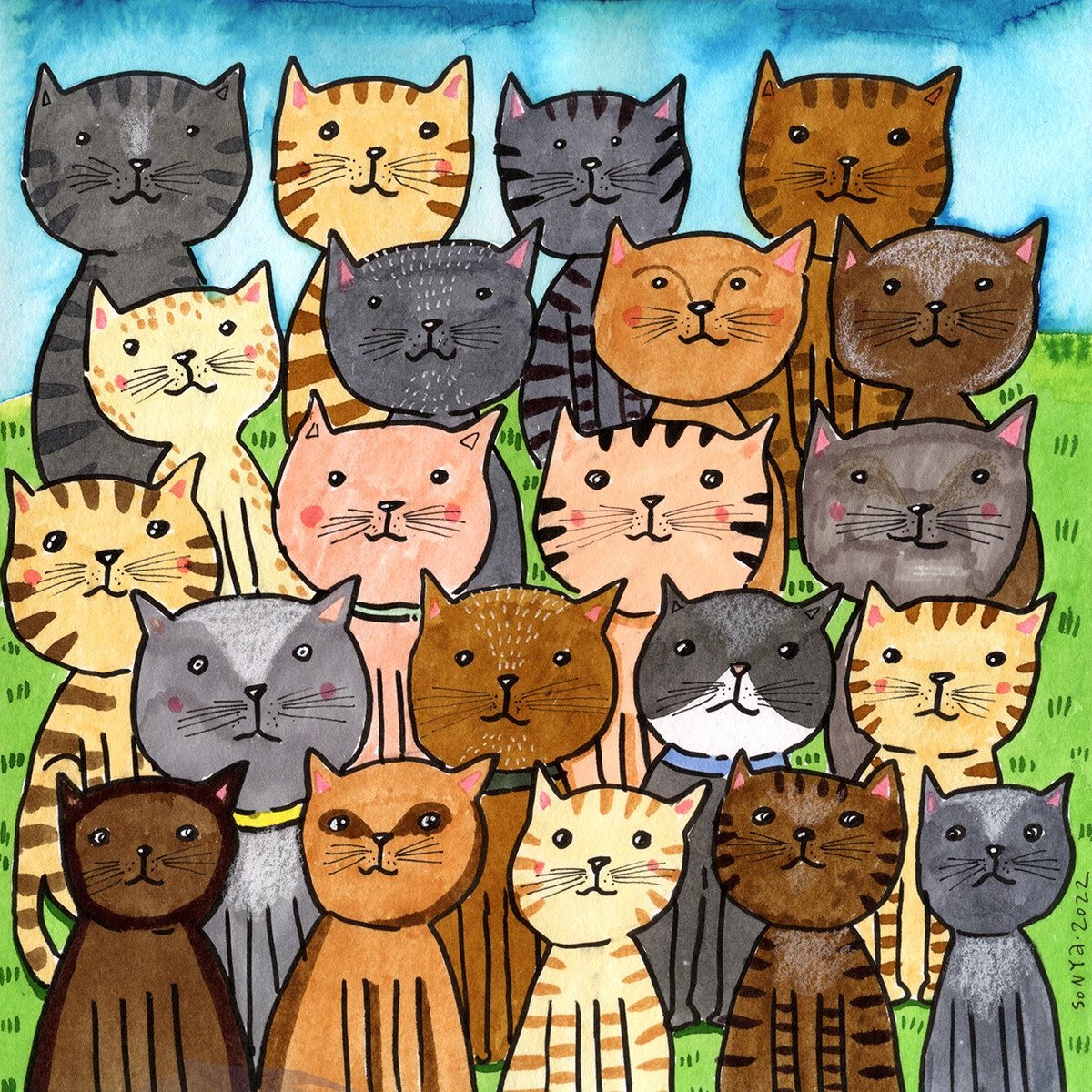 Рисунок на ткани много котов