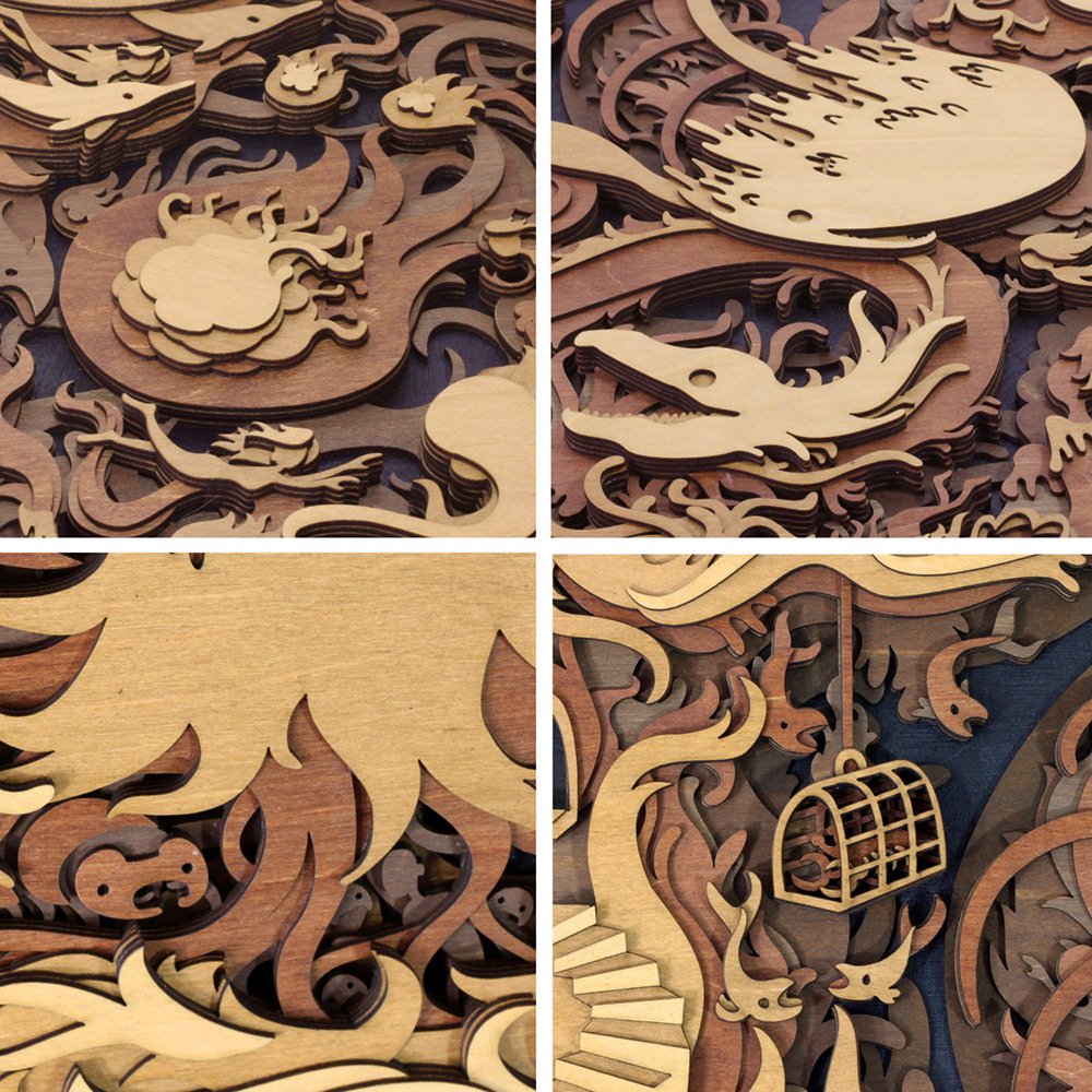 Multi-layered Laser-Cut Wood artworks by Martin Tomsky