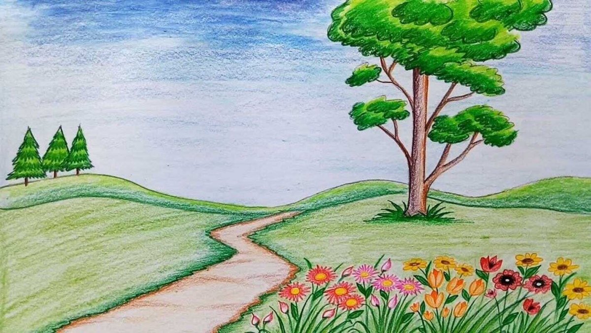 Летний пейзаж цветными карандашами