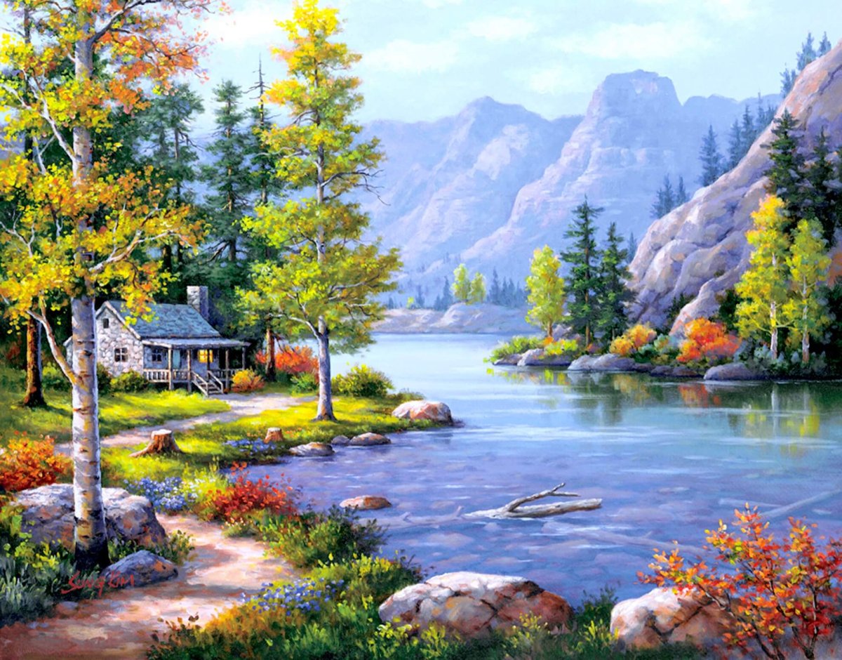 Алмазная мозаика диамонд Painting река домик горы