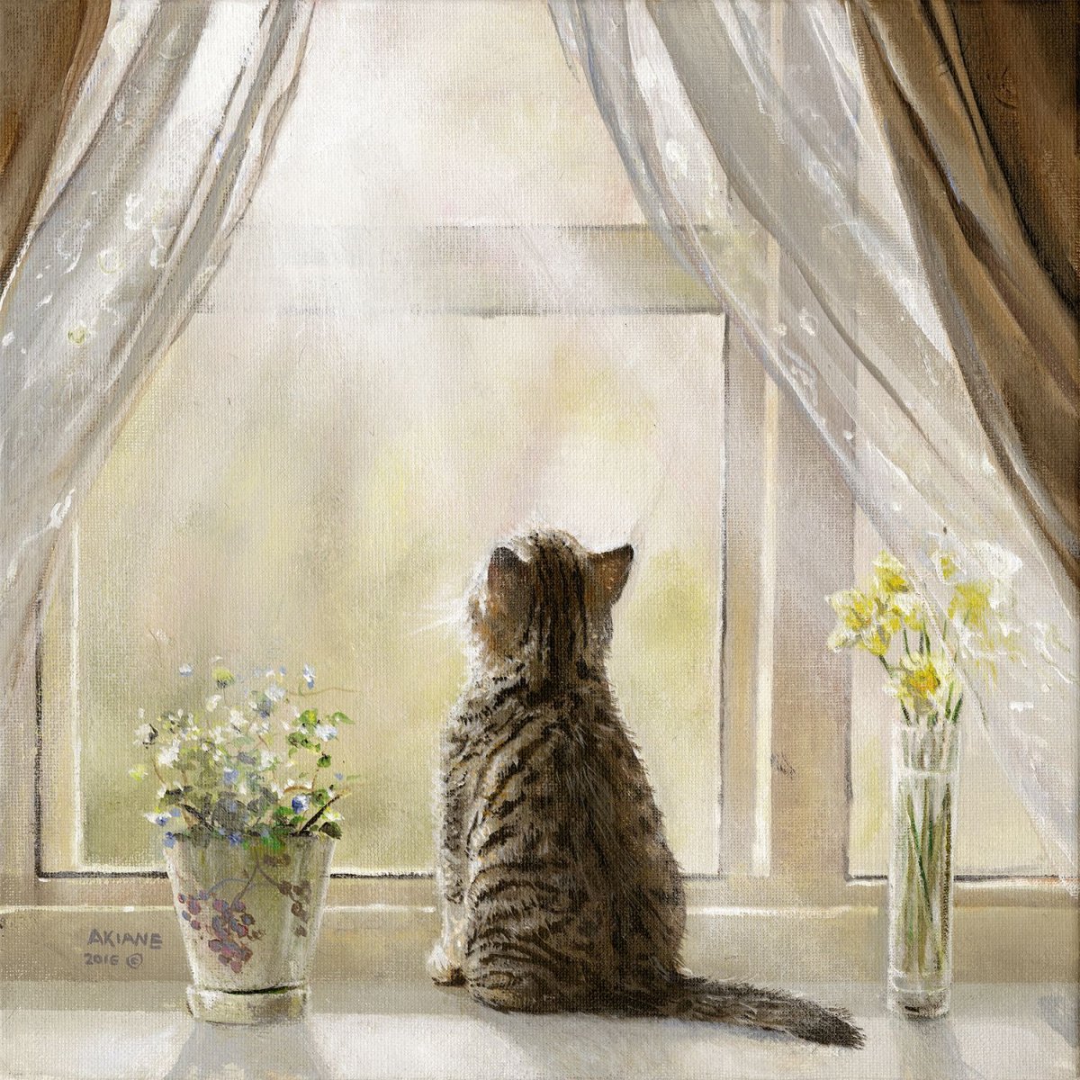 Кот на окне живопись